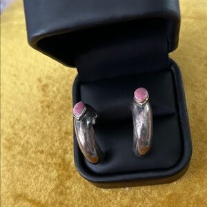 Silver Crescent Hoop Earrings with Pink Stone Accent